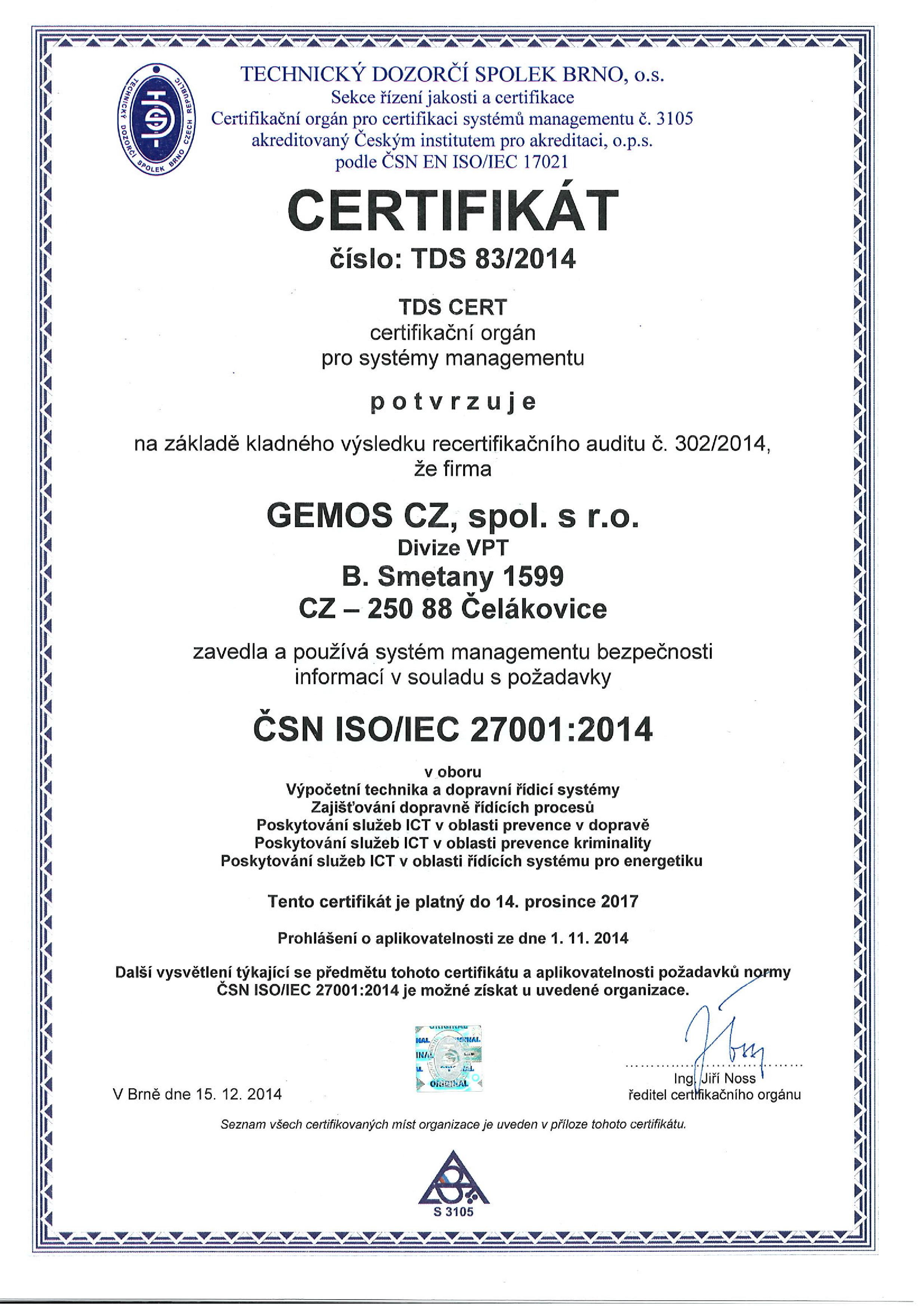 Certifikát ČSN ISO/IEC 27001 udelený spoločnosti GEMOS CZ