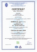 Certifikát ČSN ISO 9001 udelený spoločnosti GEMOS CZ